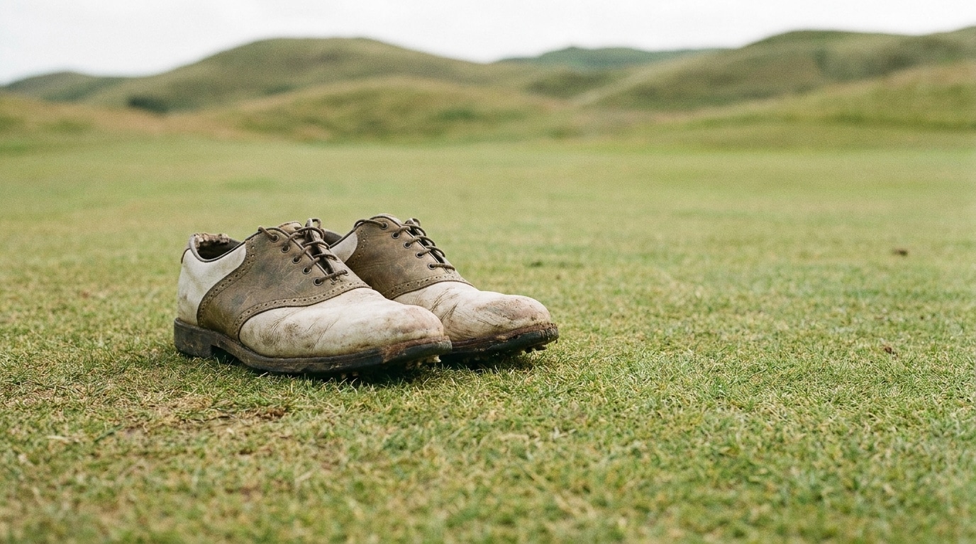 Worn golf shoes resting on grass with rolling hills in the background