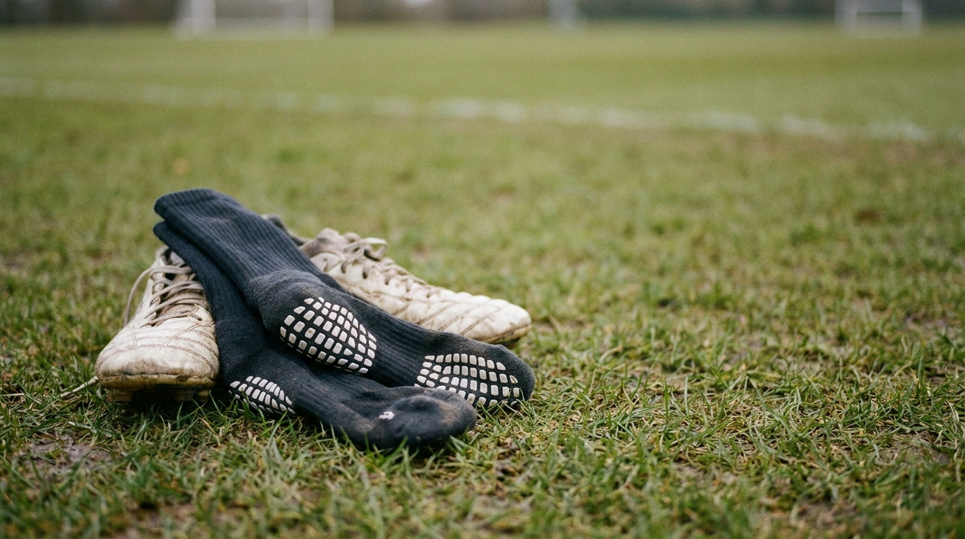 Worn soccer cleats and black grip socks on a grassy field