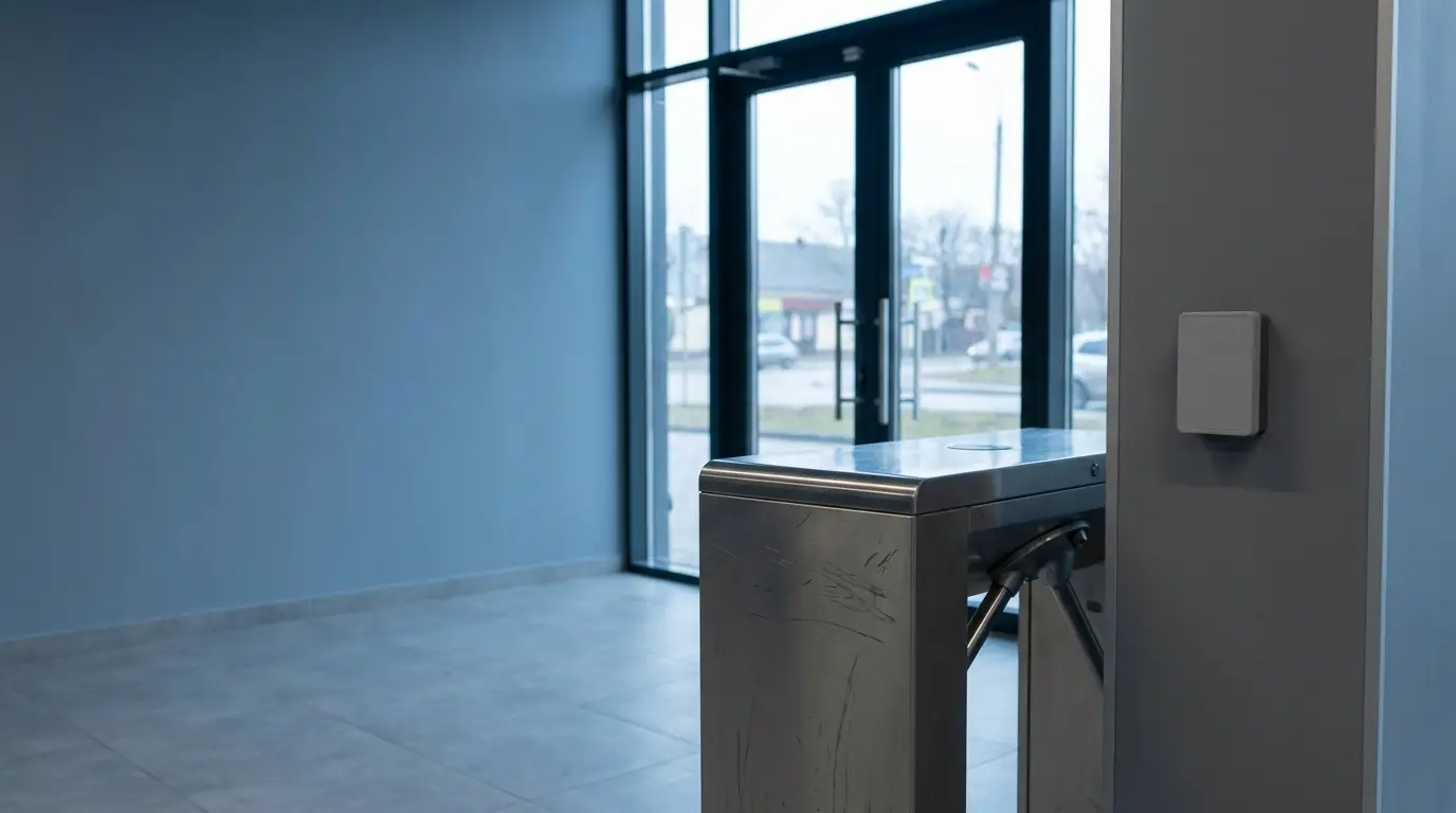 Metal turnstile and access card reader in modern building entrance with large glass doors