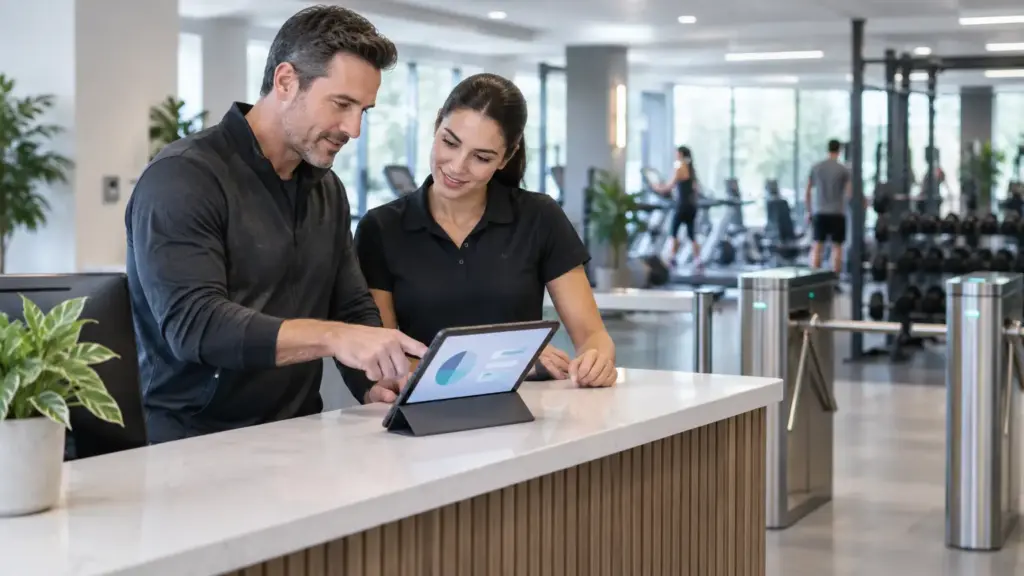 Man and woman reviewing tablet data at gym reception desk with exercise equipment in background