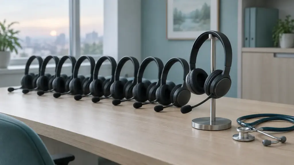 Row of black headsets on wooden desk in modern office with stethoscope nearby