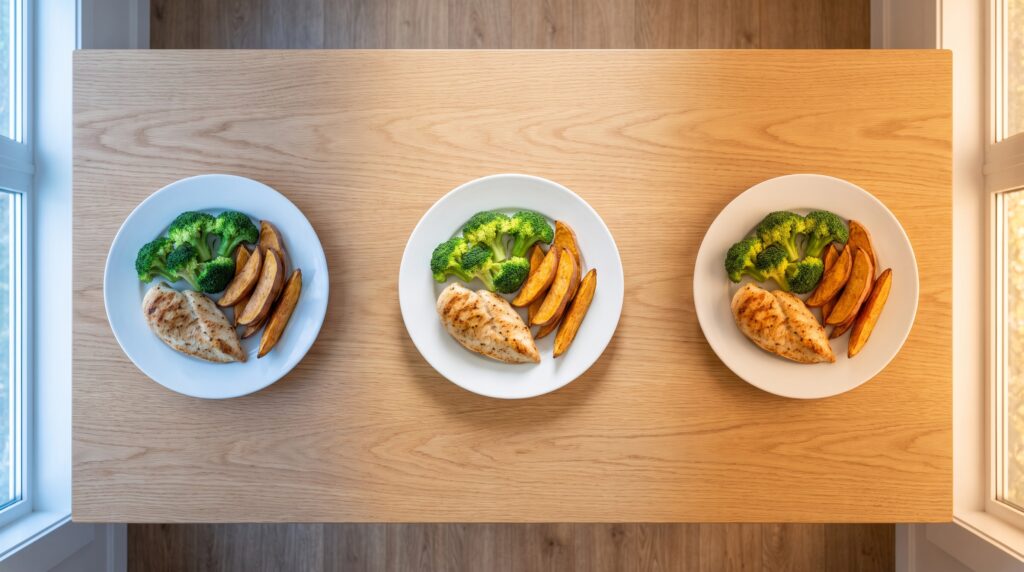 Three plates of grilled chicken, broccoli, and potato wedges on wooden table in natural light