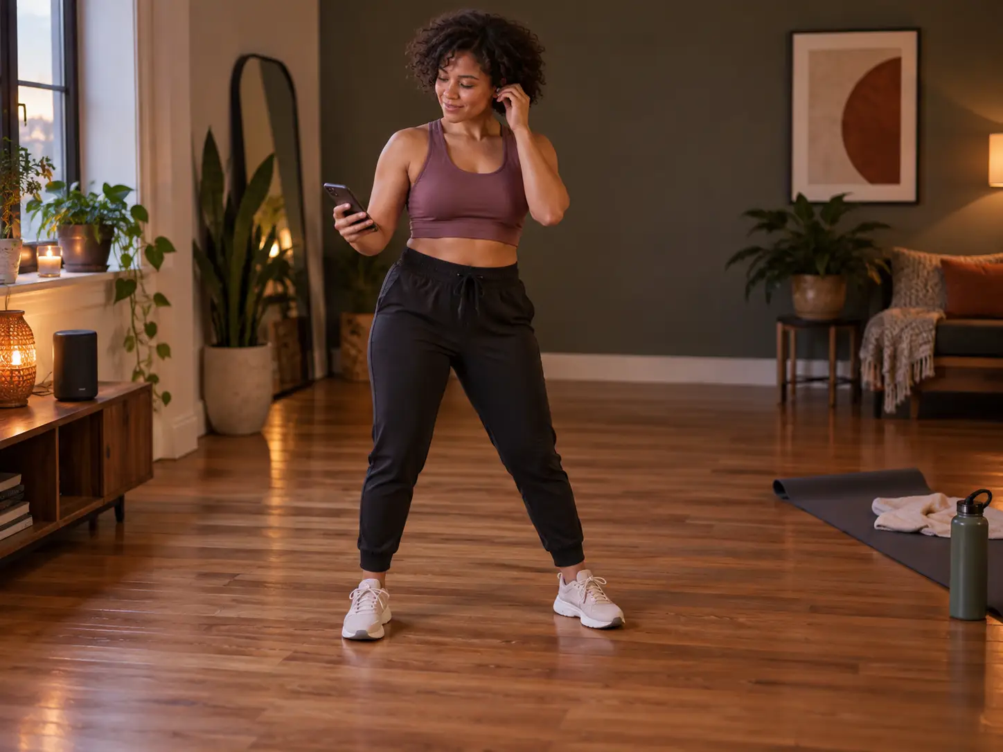 Woman in activewear using smartphone in warmly lit living room with wooden floors and plants