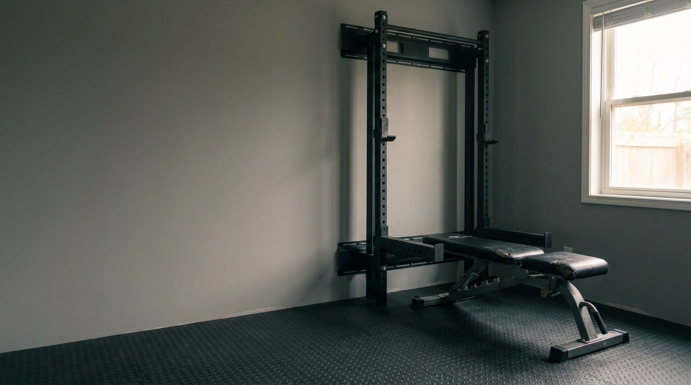 Weight bench and power rack in a home gym with natural light through window
