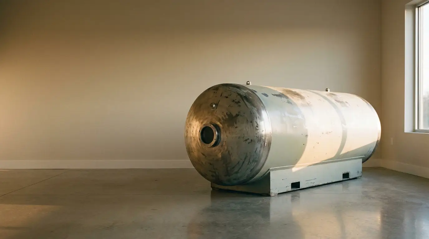 Large metal tank resting on the floor in an empty room with natural light