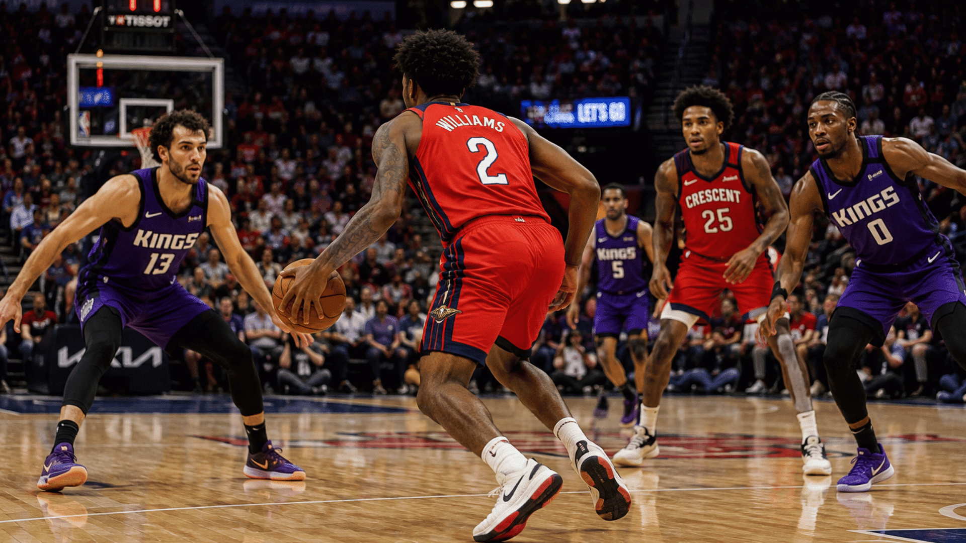 basketball player dribbling as defenders react to guard a pick and roll play on the court