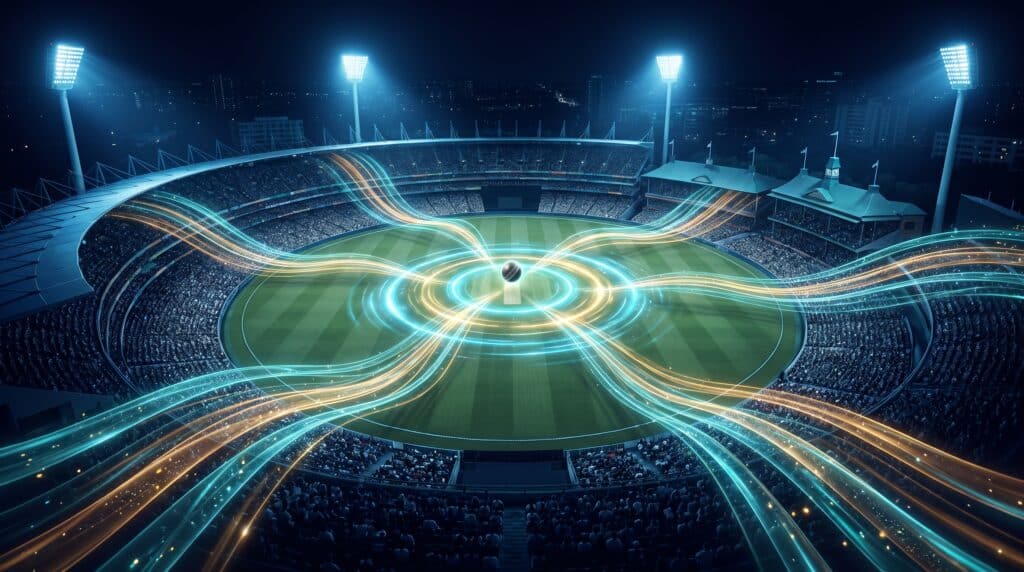 Illuminated cricket stadium at night with glowing digital lines surrounding the central pitch