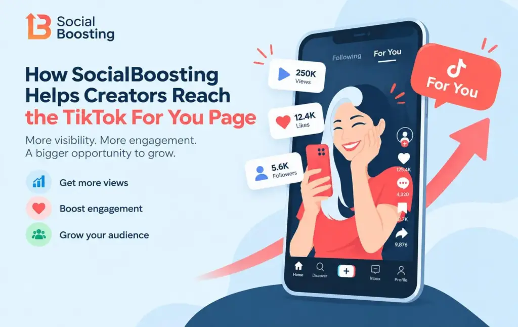 Illustrated woman holding smartphone with TikTok app icons and social media statistics floating around