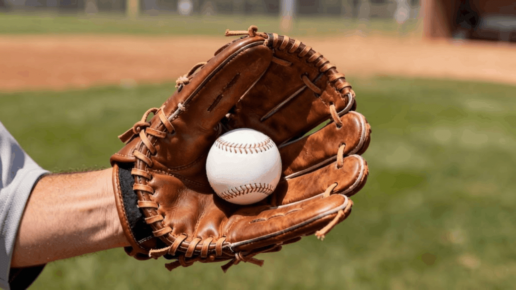 baseball glove holding a white baseball on field with brown leather texture and outdoor sports background