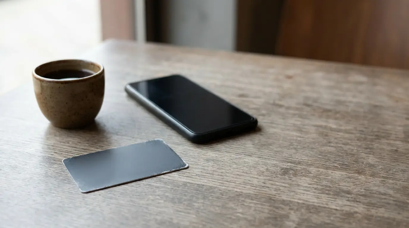 Ceramic cup, smartphone, and card on wooden table in natural light setting
