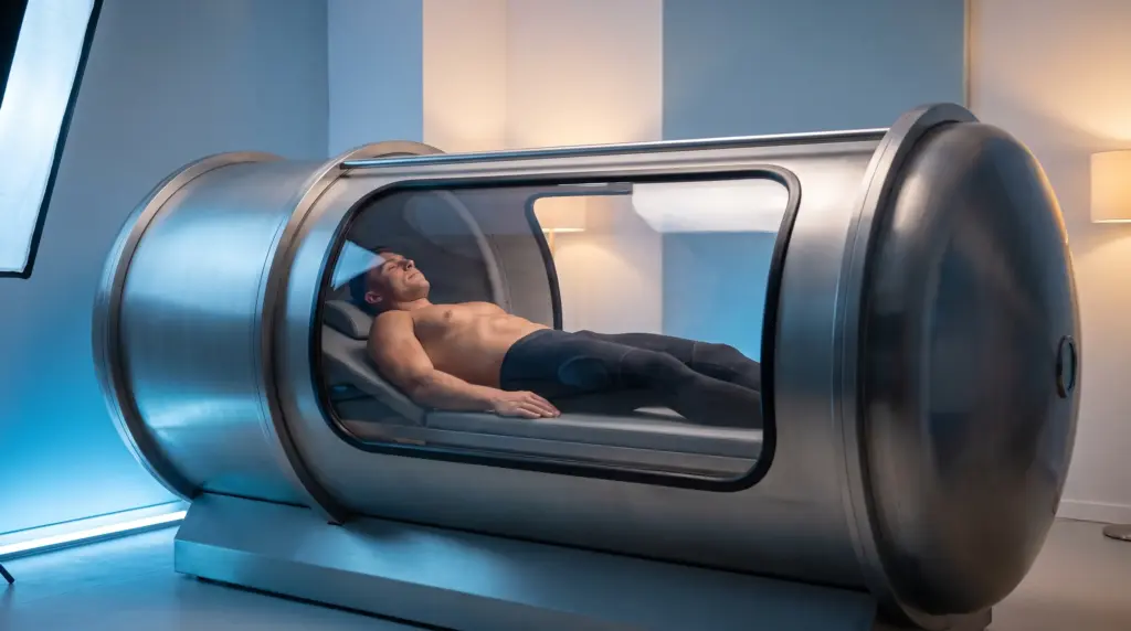 Man lying in futuristic metal hyperbaric chamber with soft lighting in a clinical setting