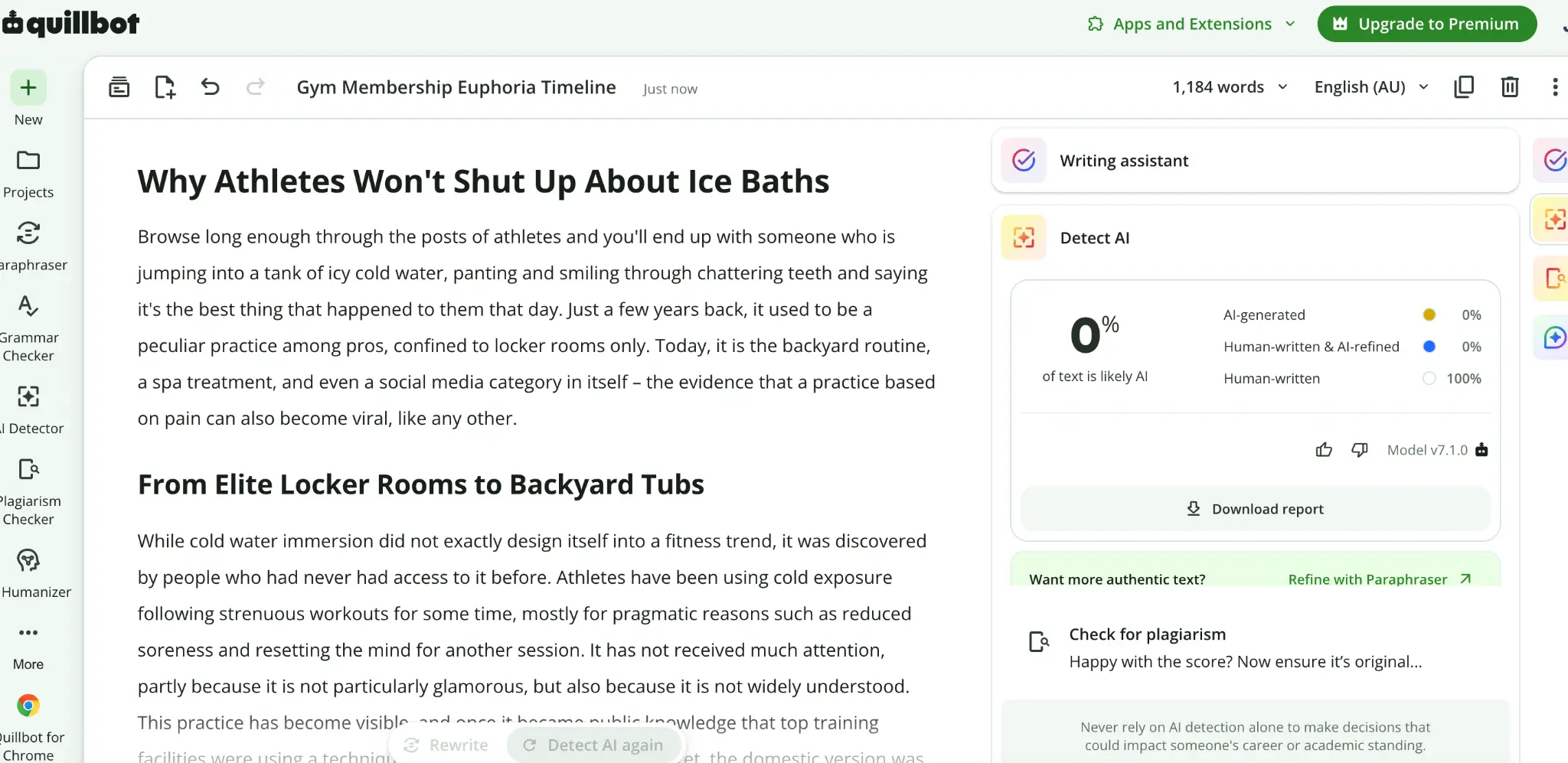 Online text editor interface displaying an article about athletes and ice baths
