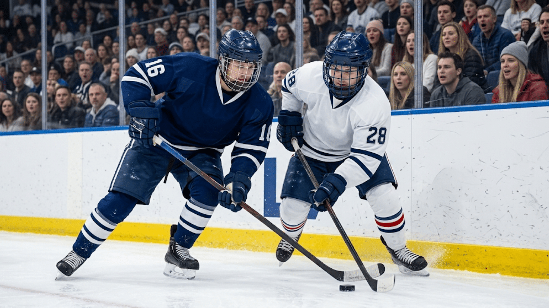 Ice hockey players battling for the puck along the boards during a fast paced match