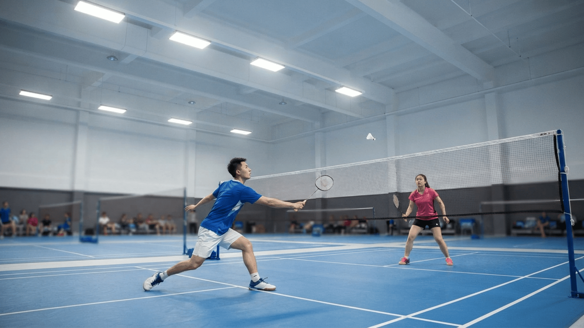 indoor badminton court with players in action under bright lighting showing proper ceiling height for competitive play