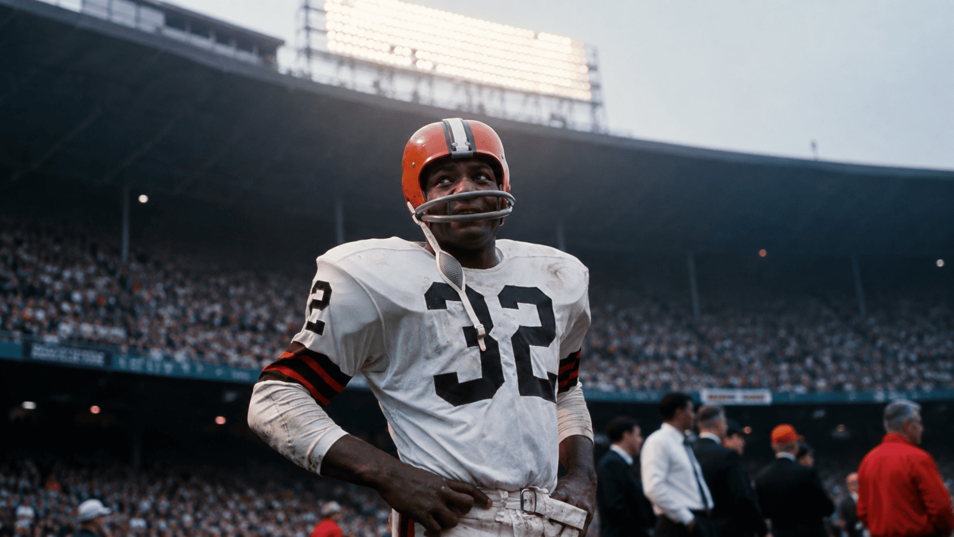 football player wearing number 32 standing on the sideline of a crowded stadium under bright lights