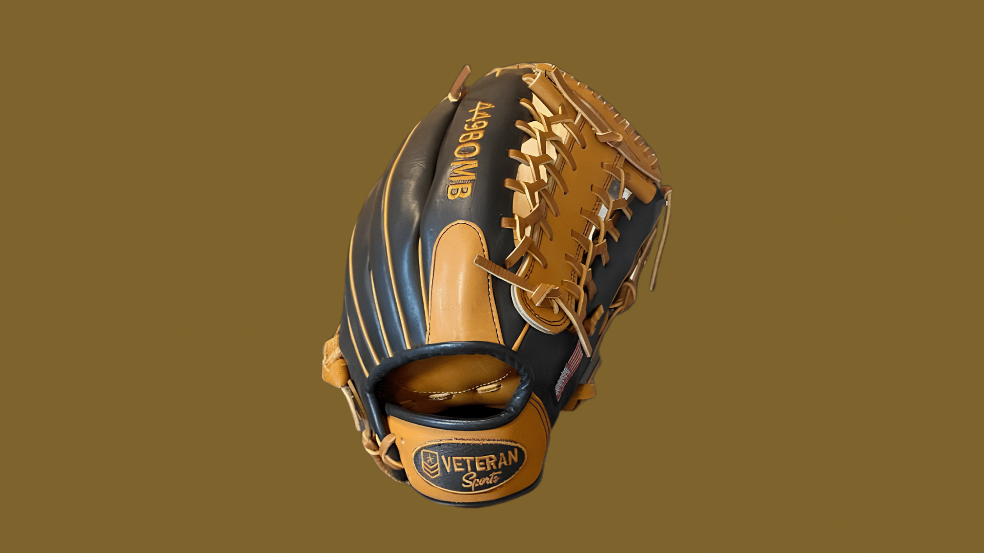 black and tan leather baseball glove with woven webbing and stitched details displayed against a solid brown background from the back side