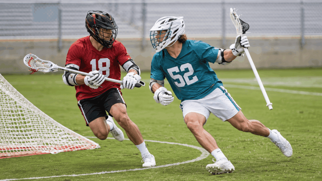 two lacrosse players in red and teal uniforms competing near the goal during a field game