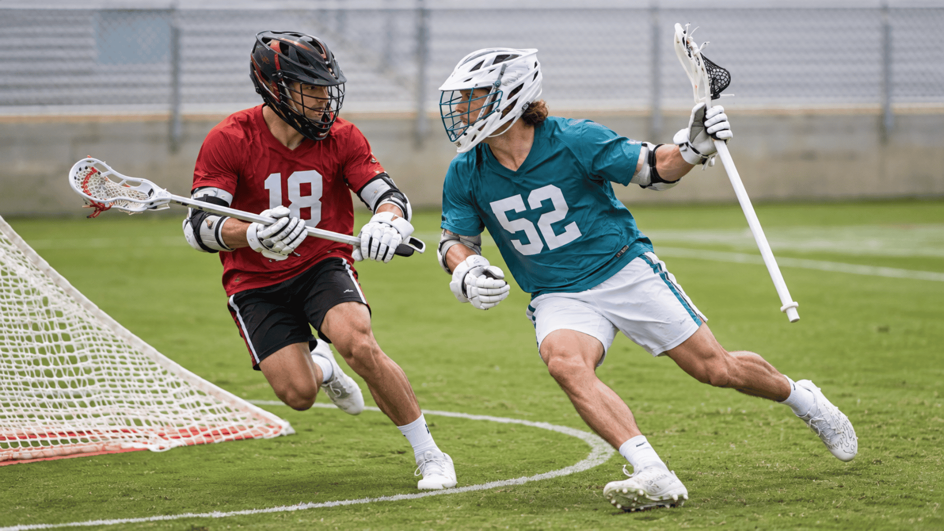 two lacrosse players in red and teal uniforms competing near the goal during a field game