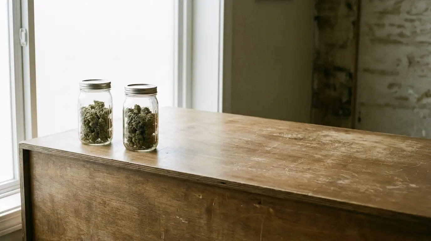 Jars of cannabis on wooden counter in a softly lit room