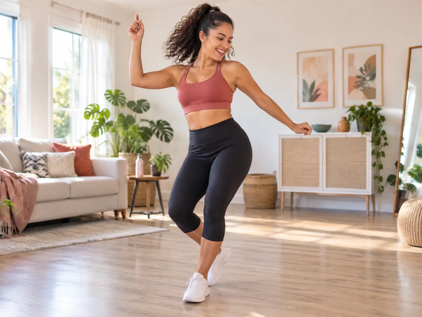 Woman dancing energetically in spacious living room with plants and soft natural light