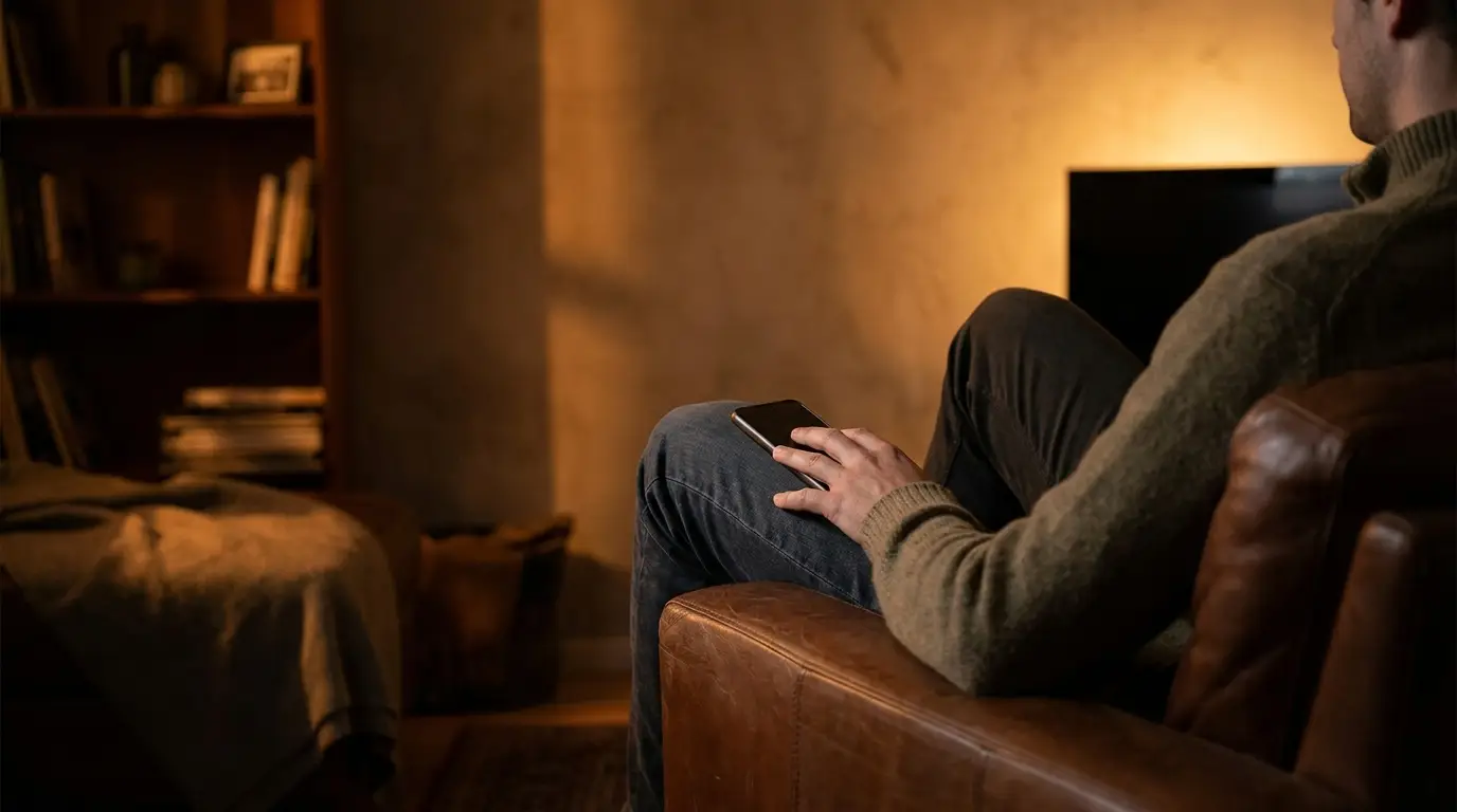 Man in warm-lit living room holding smartphone, sitting on leather couch, bookshelf in background