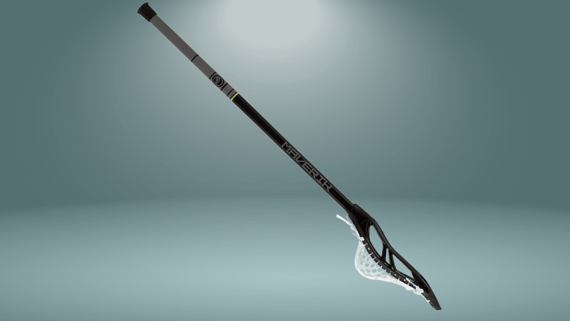 maverik critik alloy complete lacrosse stick with dark shaft and black head on a blue gray background