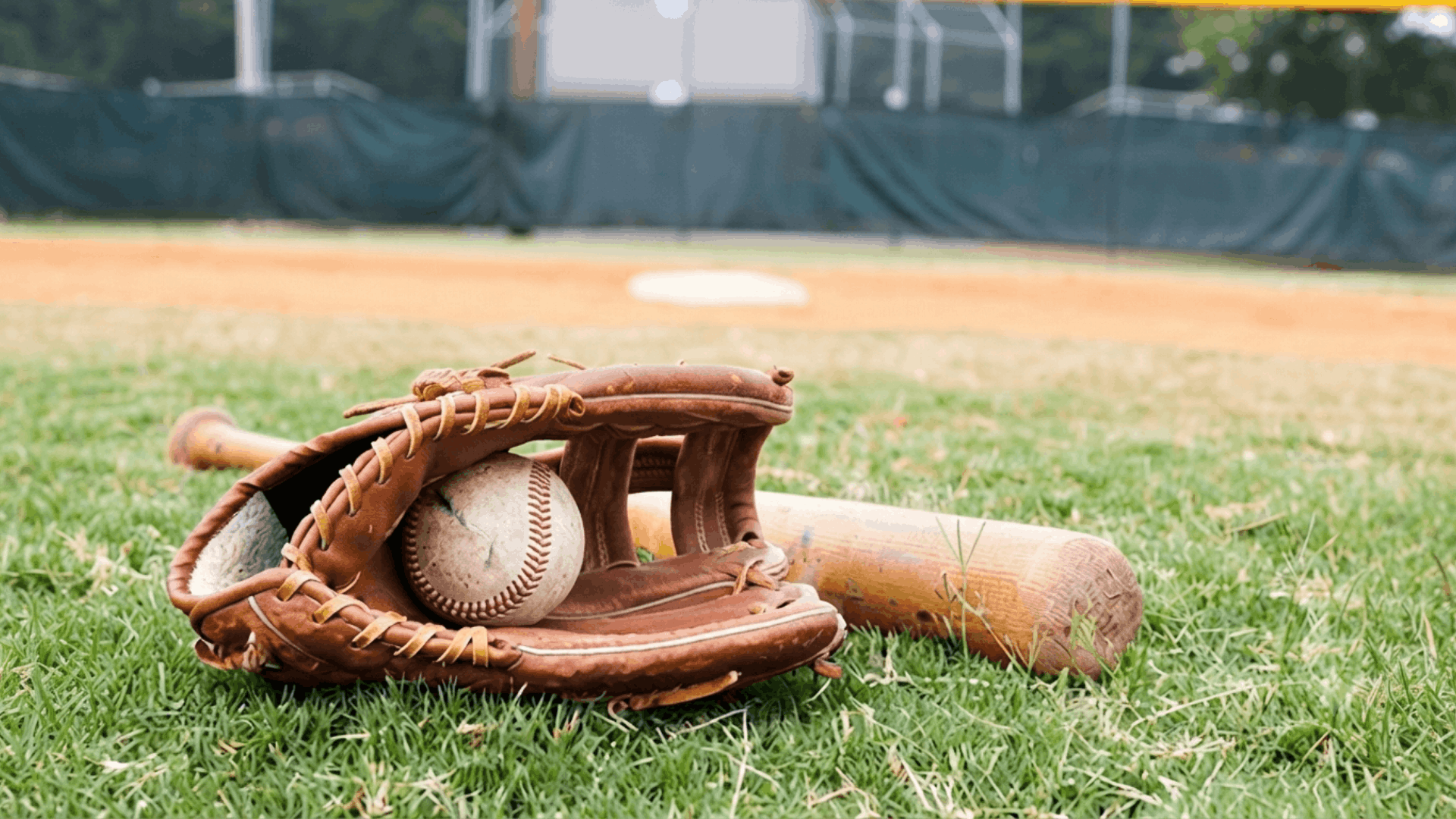 brown leather baseball glove holding a baseball beside a wooden bat resting on grass near the infield of a baseball field