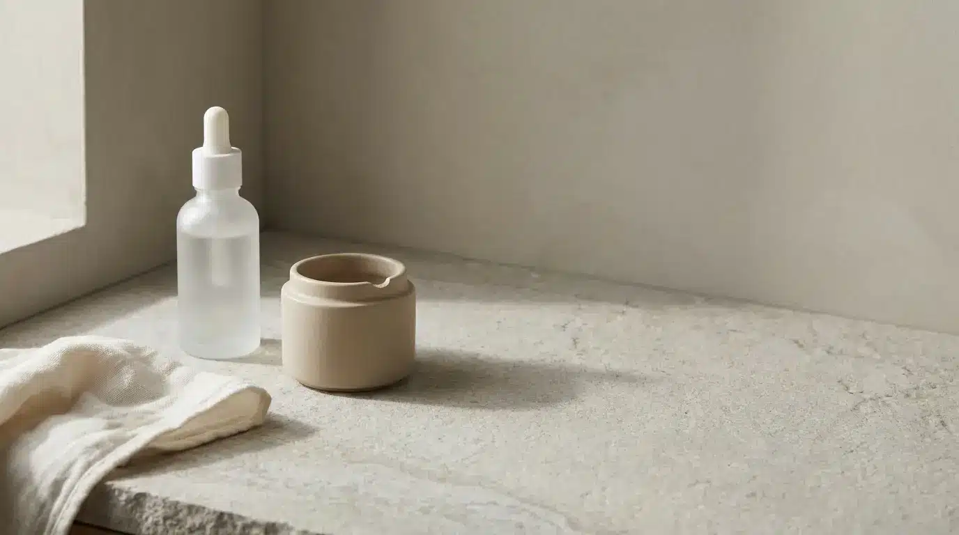 Frosted glass dropper bottle and ceramic bowl on stone countertop in soft natural light