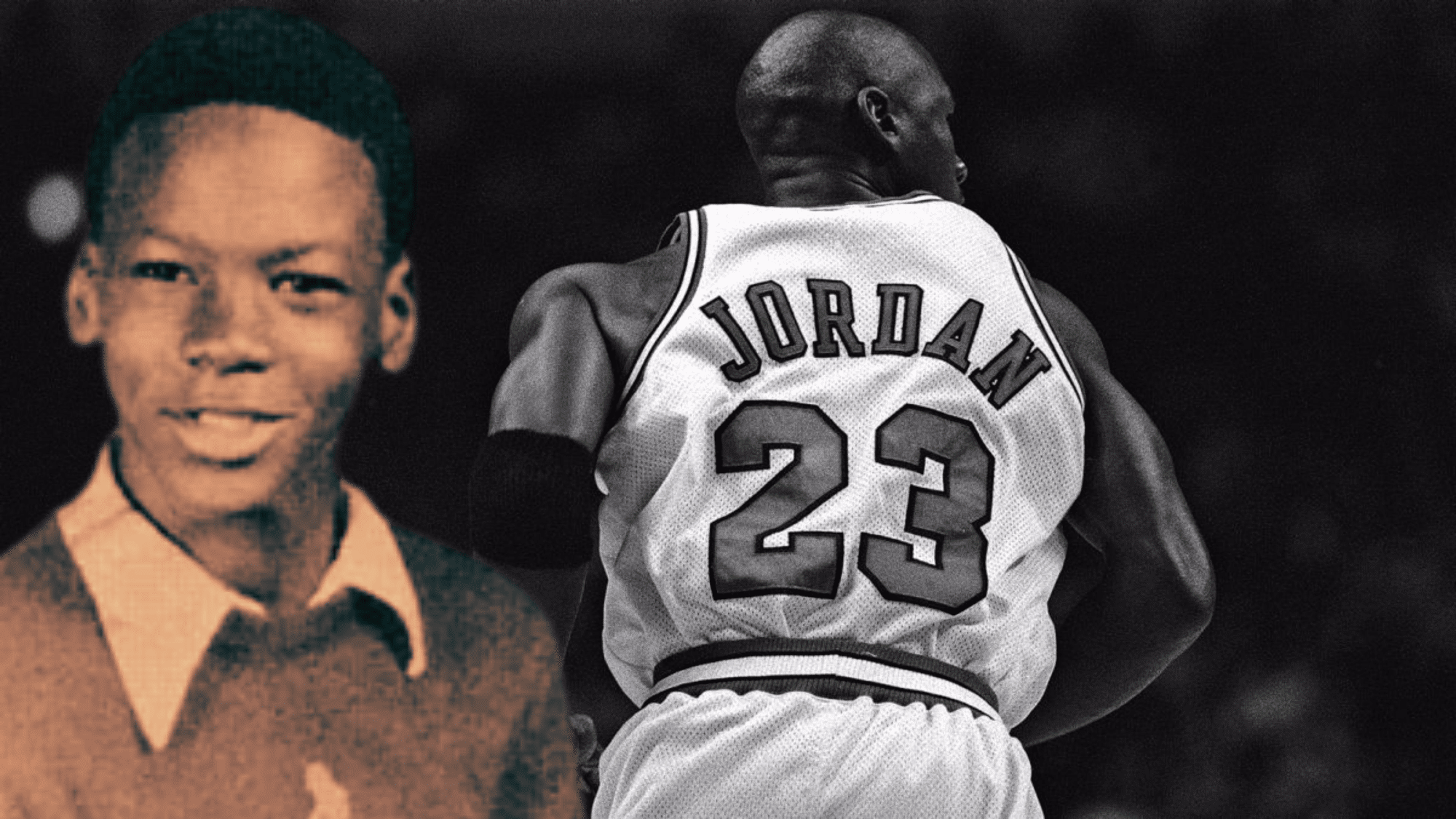 michael jordan childhood portrait beside chicago bulls jersey number twenty three during his legendary basketball career