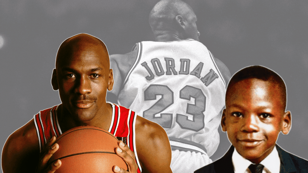 michael jordan holding a basketball beside childhood portrait and iconic chicago bulls jersey