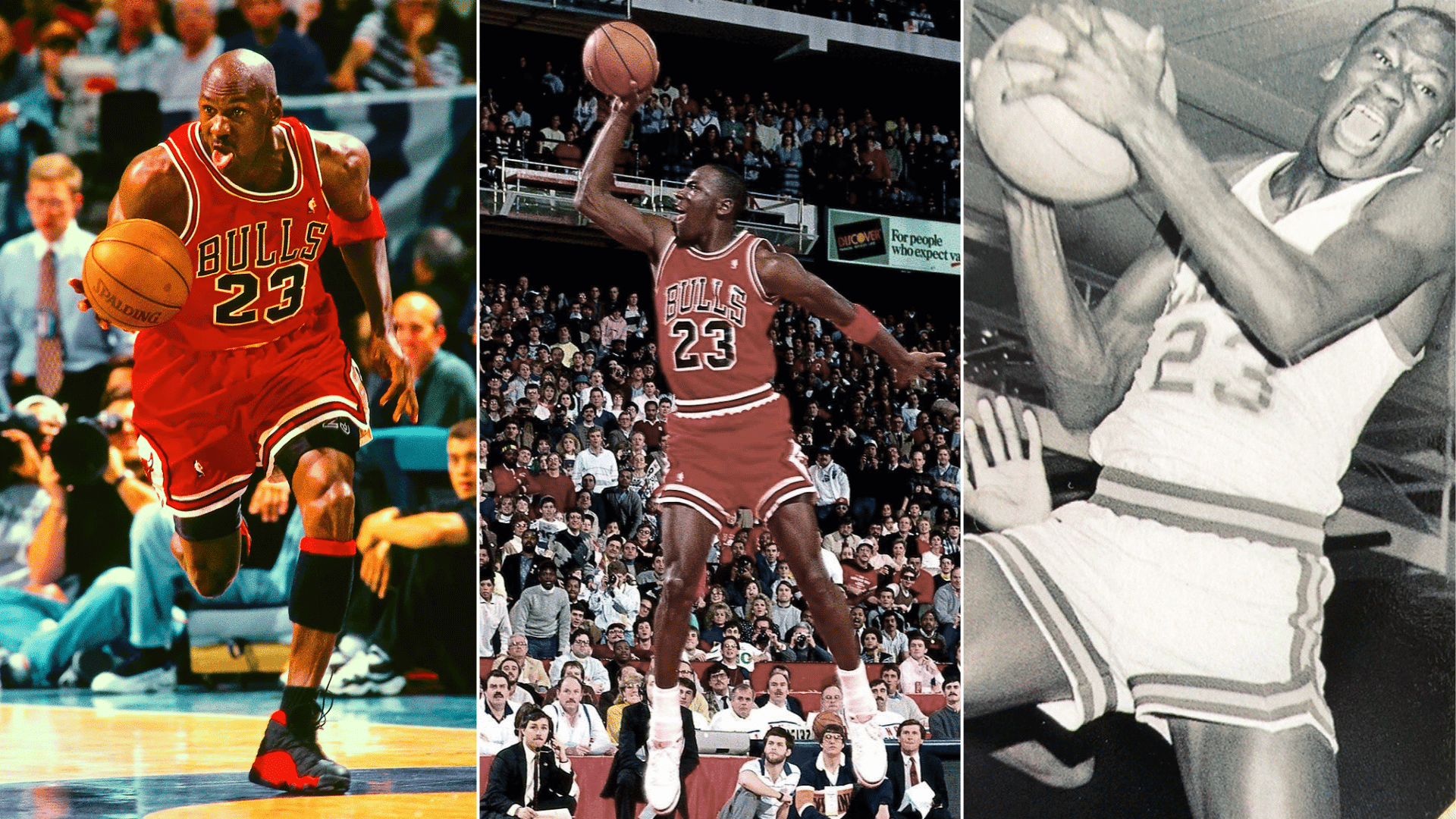 michael jordan playing basketball in chicago bulls uniform during iconic career moments on the basketball court