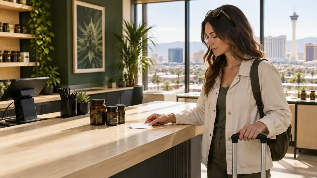 Woman with suitcase at countertop in modern shop with plants and city view in background