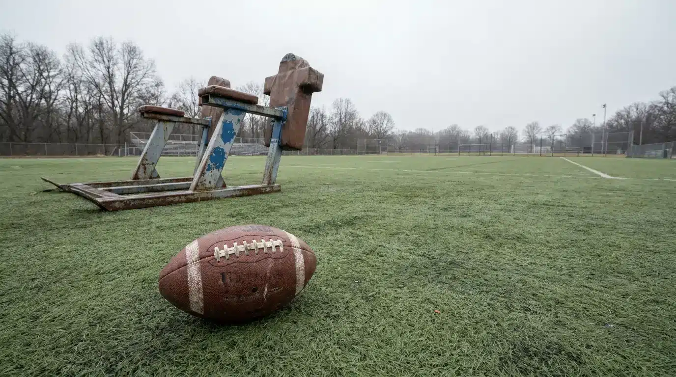 Football and tackling sled on grassy field under overcast sky