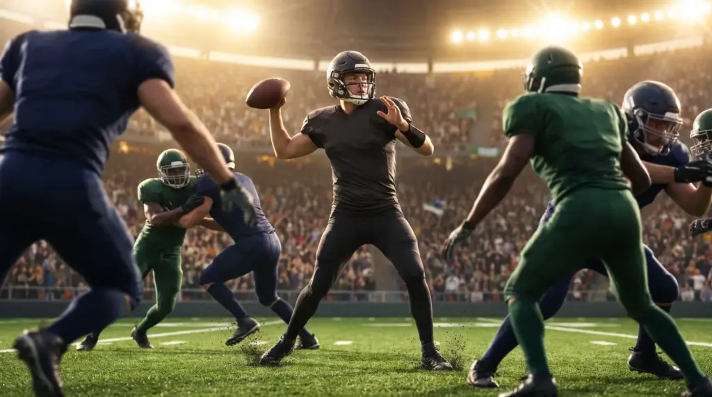 Football player in black uniform throwing pass under bright stadium lights during game
