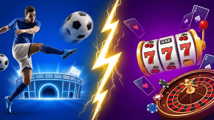 Soccer player kicking ball, neon stadium on left; slot machine and roulette on right with cards