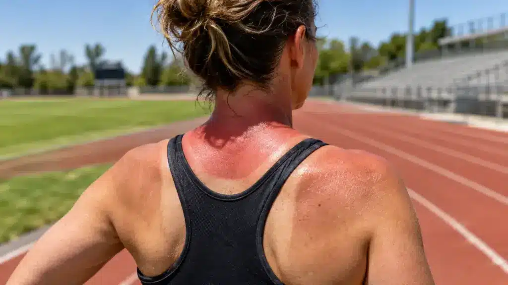 Person with sunburned back in athletic tank top standing on outdoor track