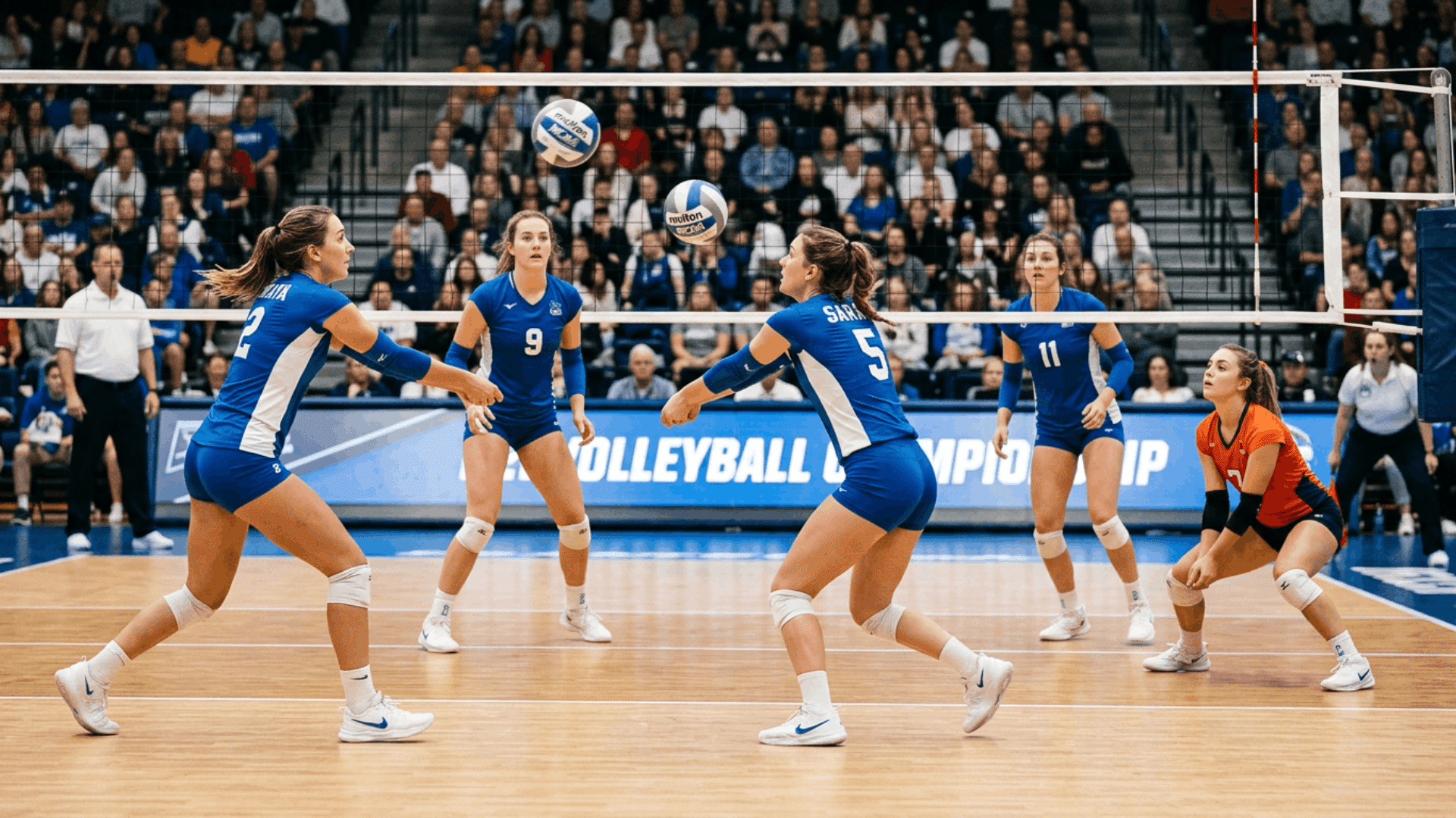 women volleyball players using their court positions during a six two rotation in a match