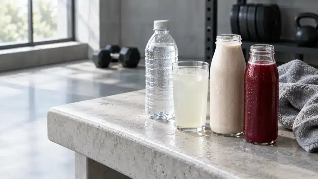 Water bottle, juice glasses, and protein shake on gym bench with dumbbells in background