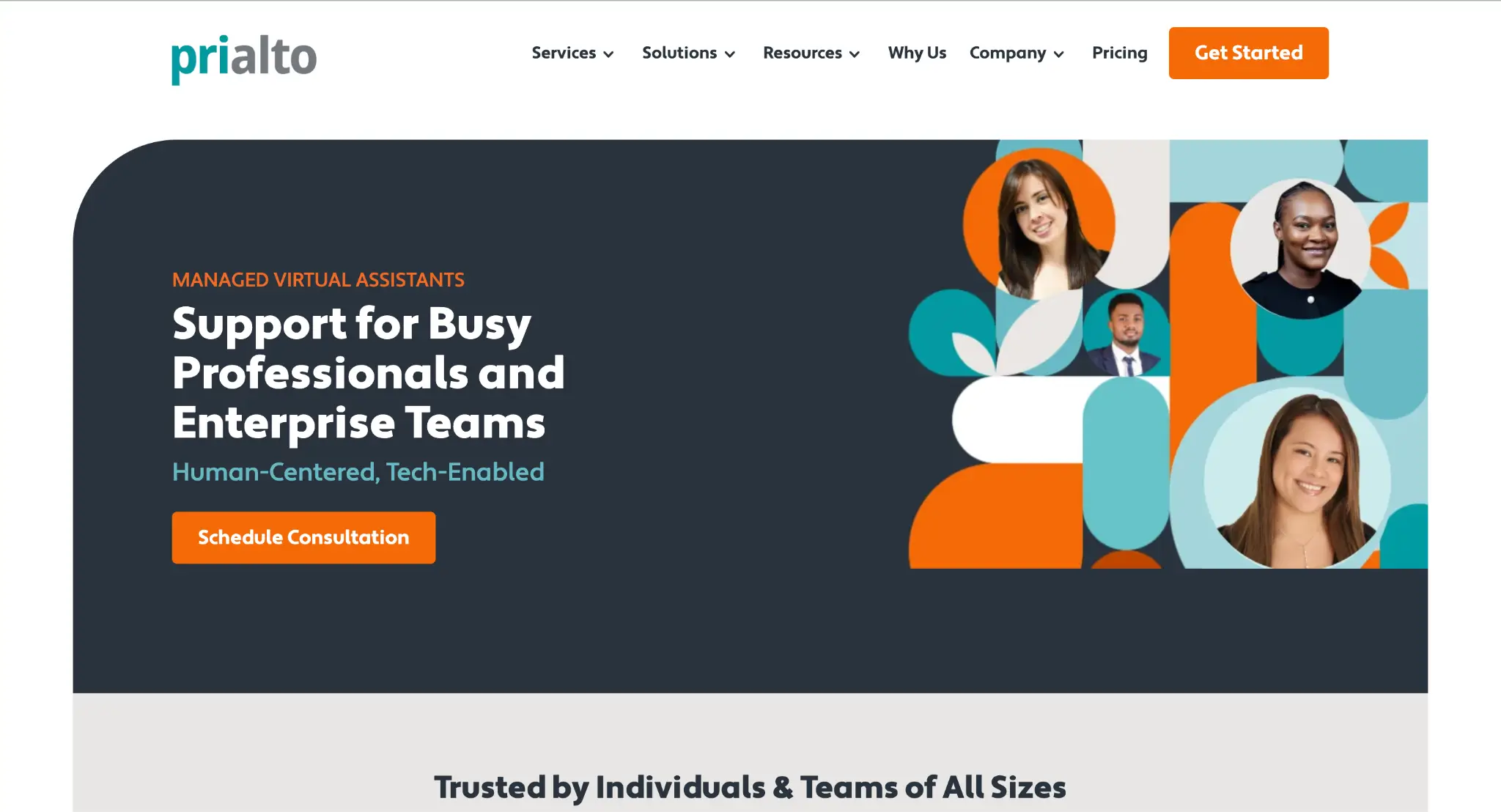 Website interface with vibrant geometric design and diverse professional portraits on sidebar