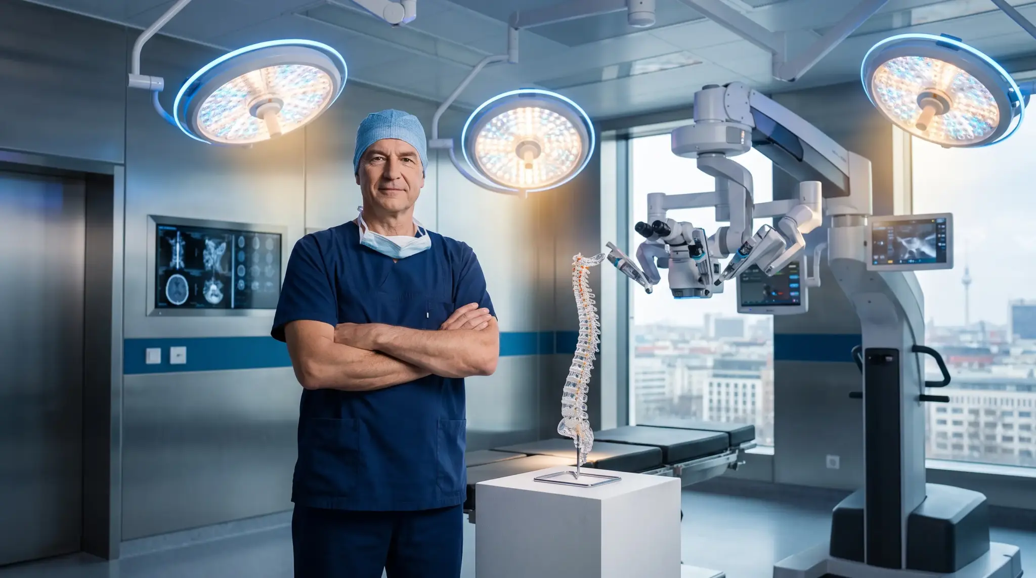 Surgeon in blue scrubs standing in operating room with surgical equipment and spine model
