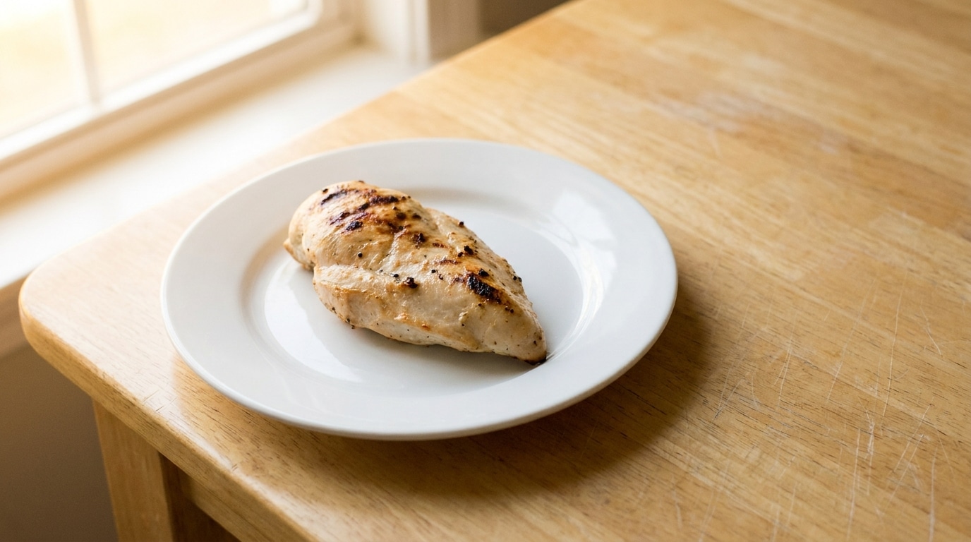 Grilled chicken breast on white plate in bright kitchen setting