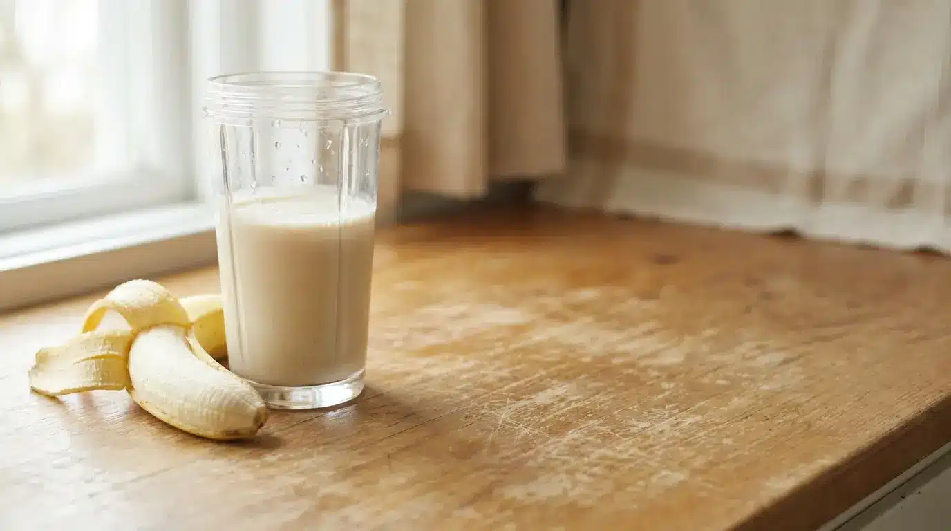 Banana smoothie in clear glass beside peeled banana on wooden countertop near window