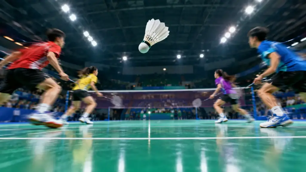 Badminton players in action mid-game on an indoor court with bright lighting
