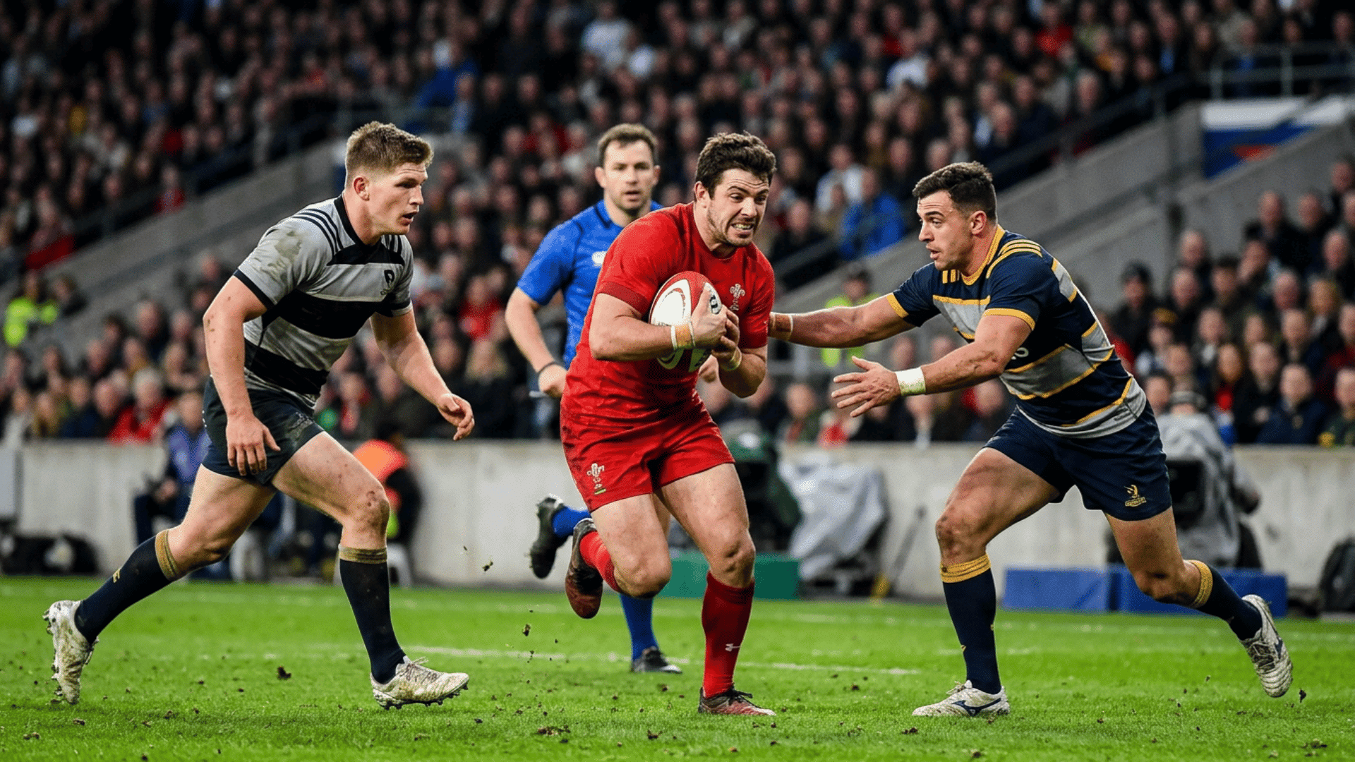 Rugby player carries the ball through defenders during a fast paced match in front of a packed stadium crowd