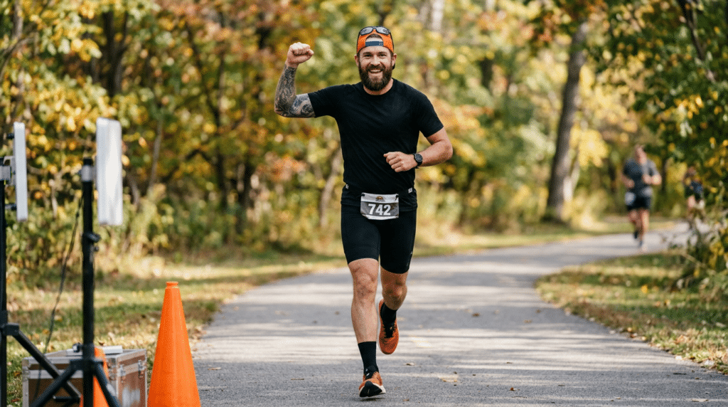 Smiling ultramarathon runner crossing a timing checkpoint on a park trail during a long-distance race.