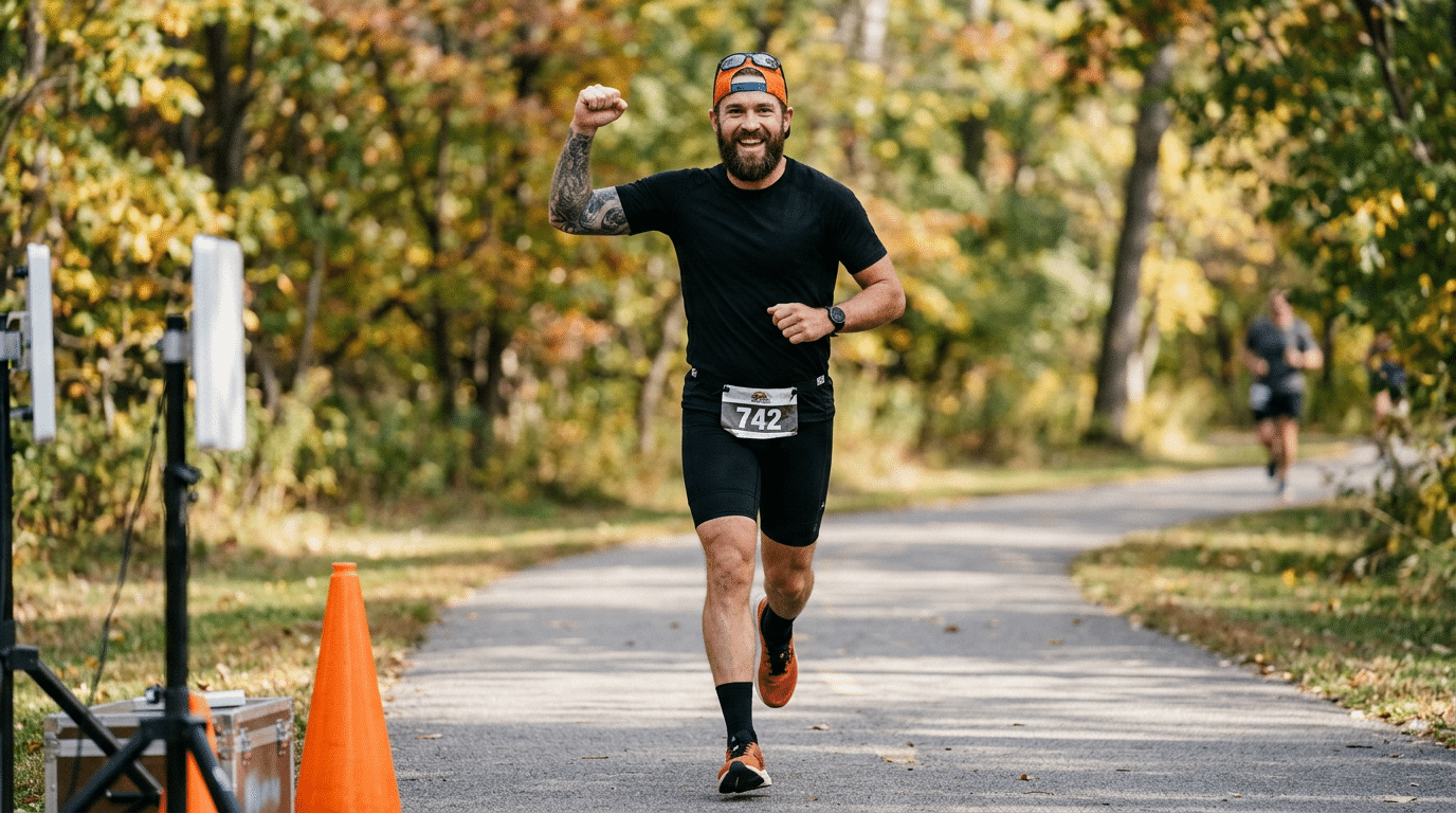 Smiling ultramarathon runner crossing a timing checkpoint on a park trail during a long-distance race.