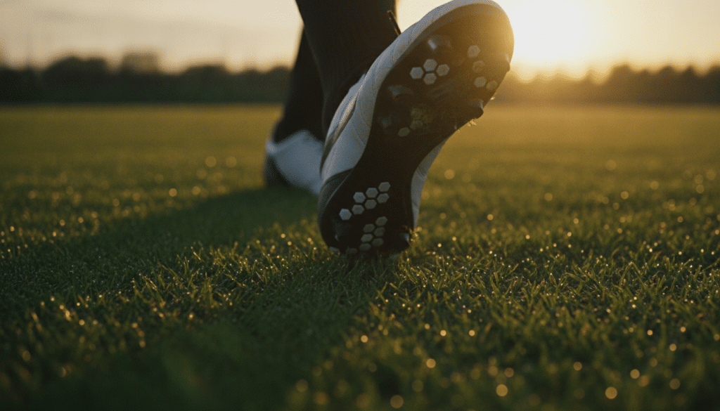 Football boot stepping on dewy grass in sunrise light