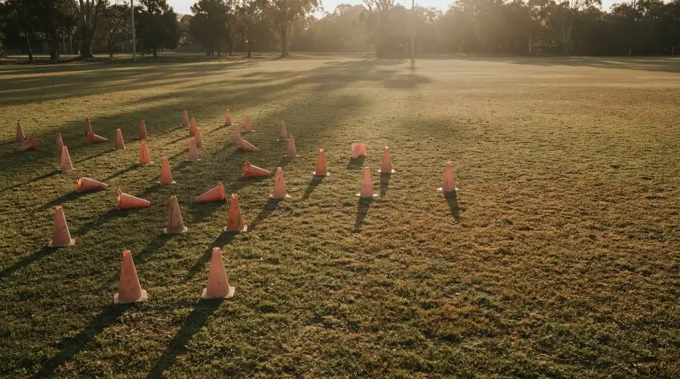 Orange traffic cones arranged on grass field in warm afternoon light