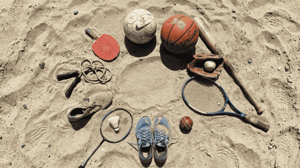Sports equipment including football, basketball, baseball bat, tennis and badminton rackets arranged on sand
