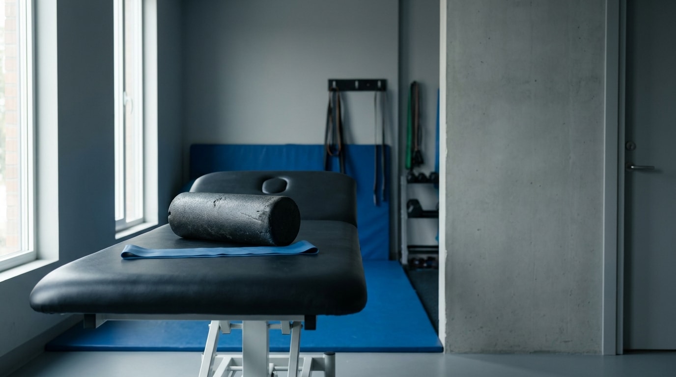 Treatment table with foam roller in modern, minimalist physical therapy room